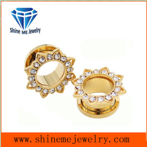 Flower Shape Gold Zircon Piercing Tunnel Ear Plug